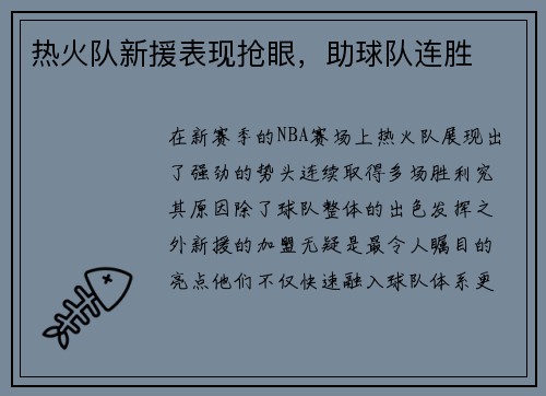 热火队新援表现抢眼，助球队连胜