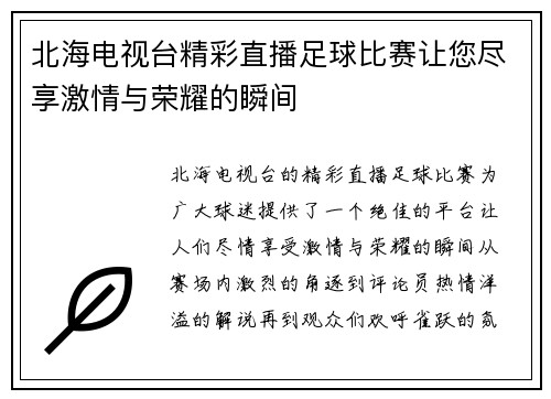 北海电视台精彩直播足球比赛让您尽享激情与荣耀的瞬间